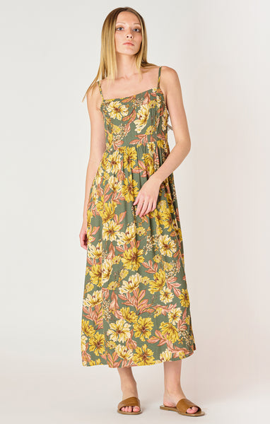 Dex Dress Floral Tie Back Midi Dress - Olive