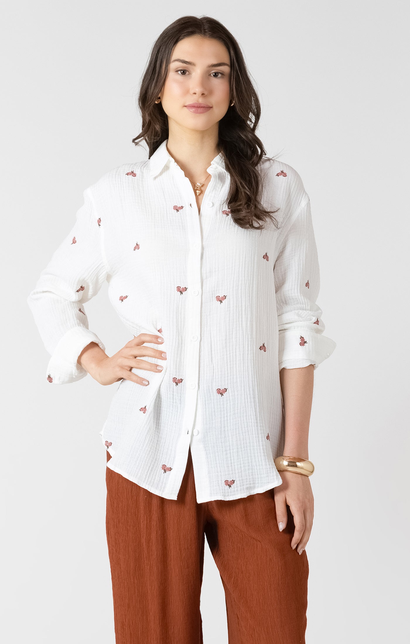 Dex Textured Button Front Blouse - White & Vintage Floral