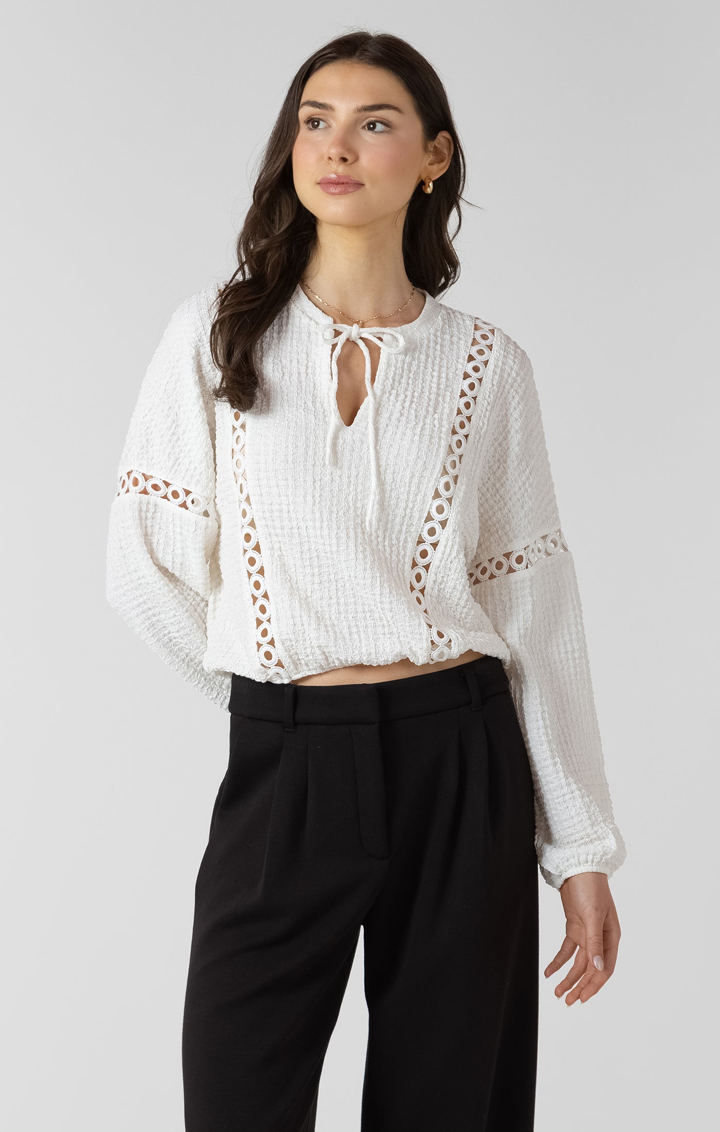 Dex Blouse Lace Insert Textured Blouse - Ecru