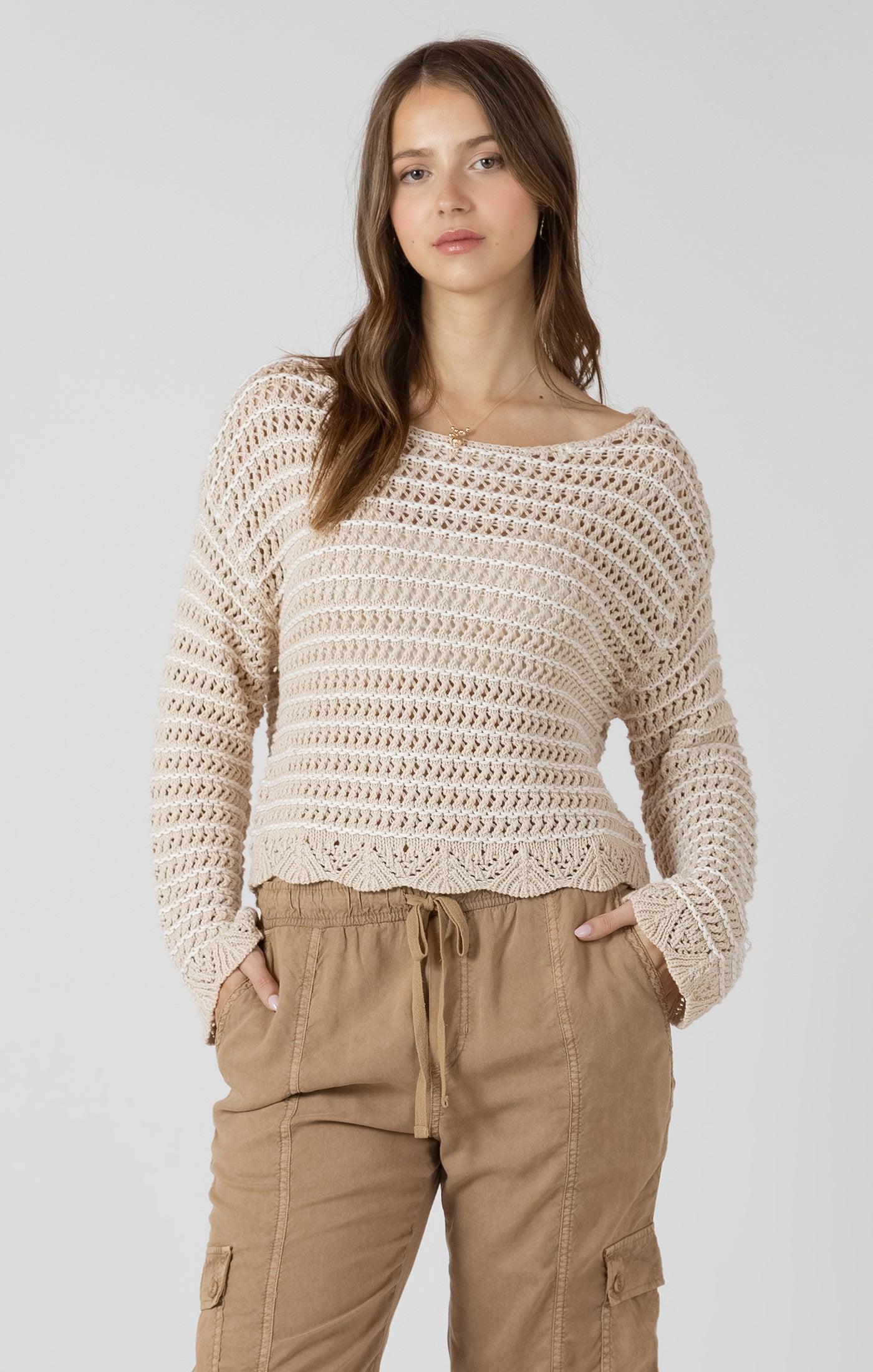 Dex Scalloped Hem Open Stitch Sweater - Sand Wash