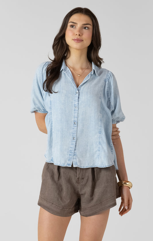 Dex Panelled Button Front Blouse - Bleached Indigo