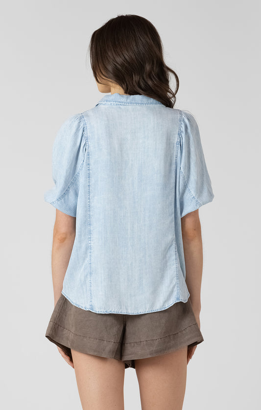 Dex Panelled Button Front Blouse - Bleached Indigo