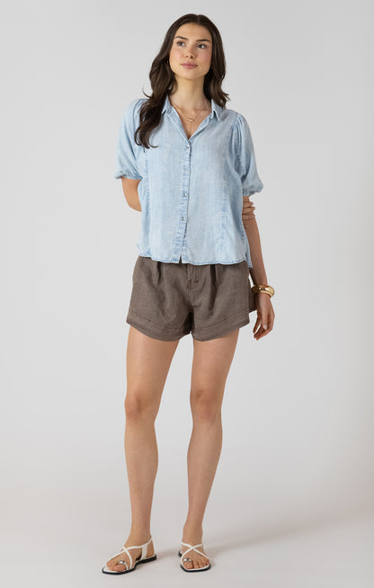Dex Panelled Button Front Blouse - Bleached Indigo
