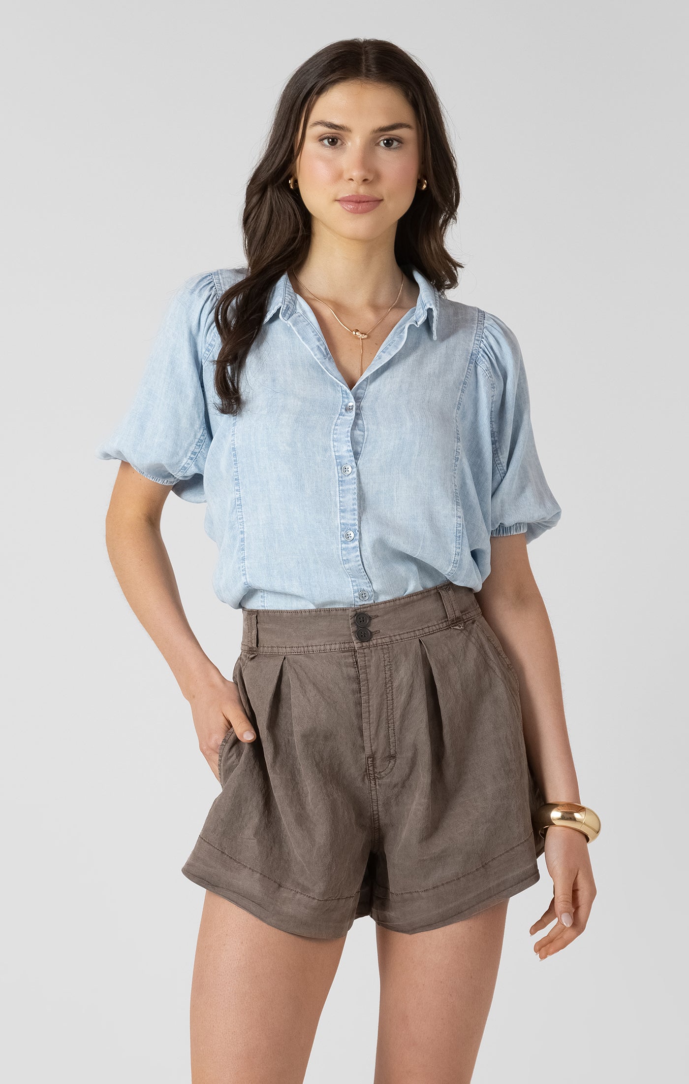 Dex Panelled Button Front Blouse - Bleached Indigo