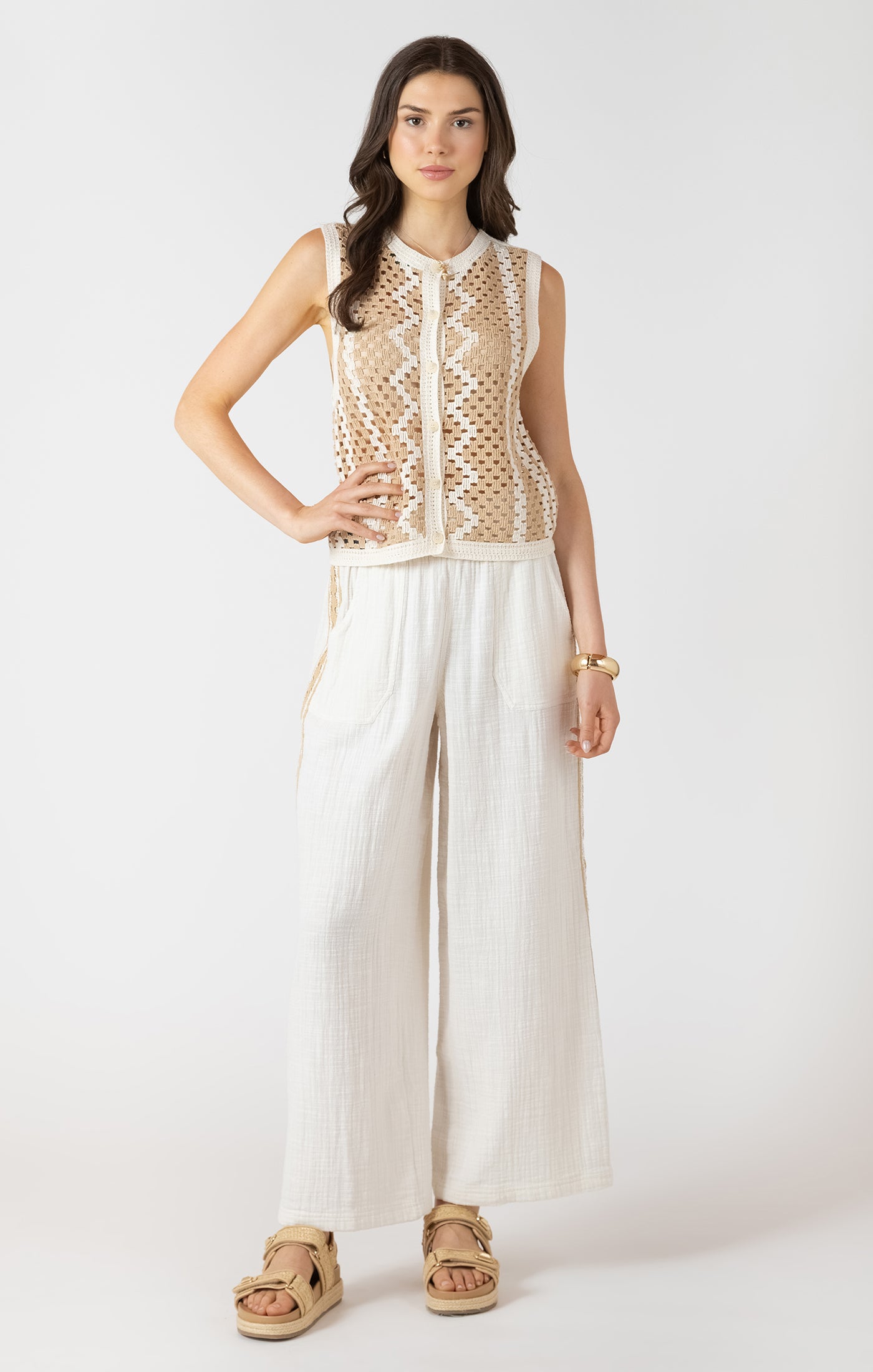 Dex Button Back Open Work Sweater - Natural & Sand