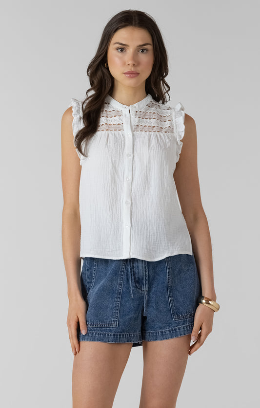 Dex Lace Insert Button Front Blouse - White