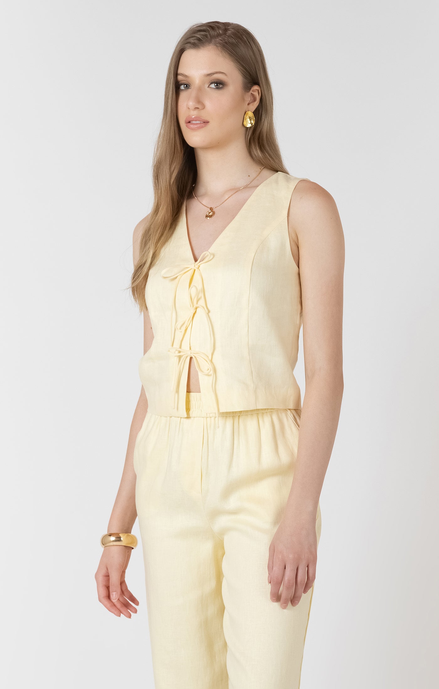 Black Tape Tie Front Top - Lemon Butter