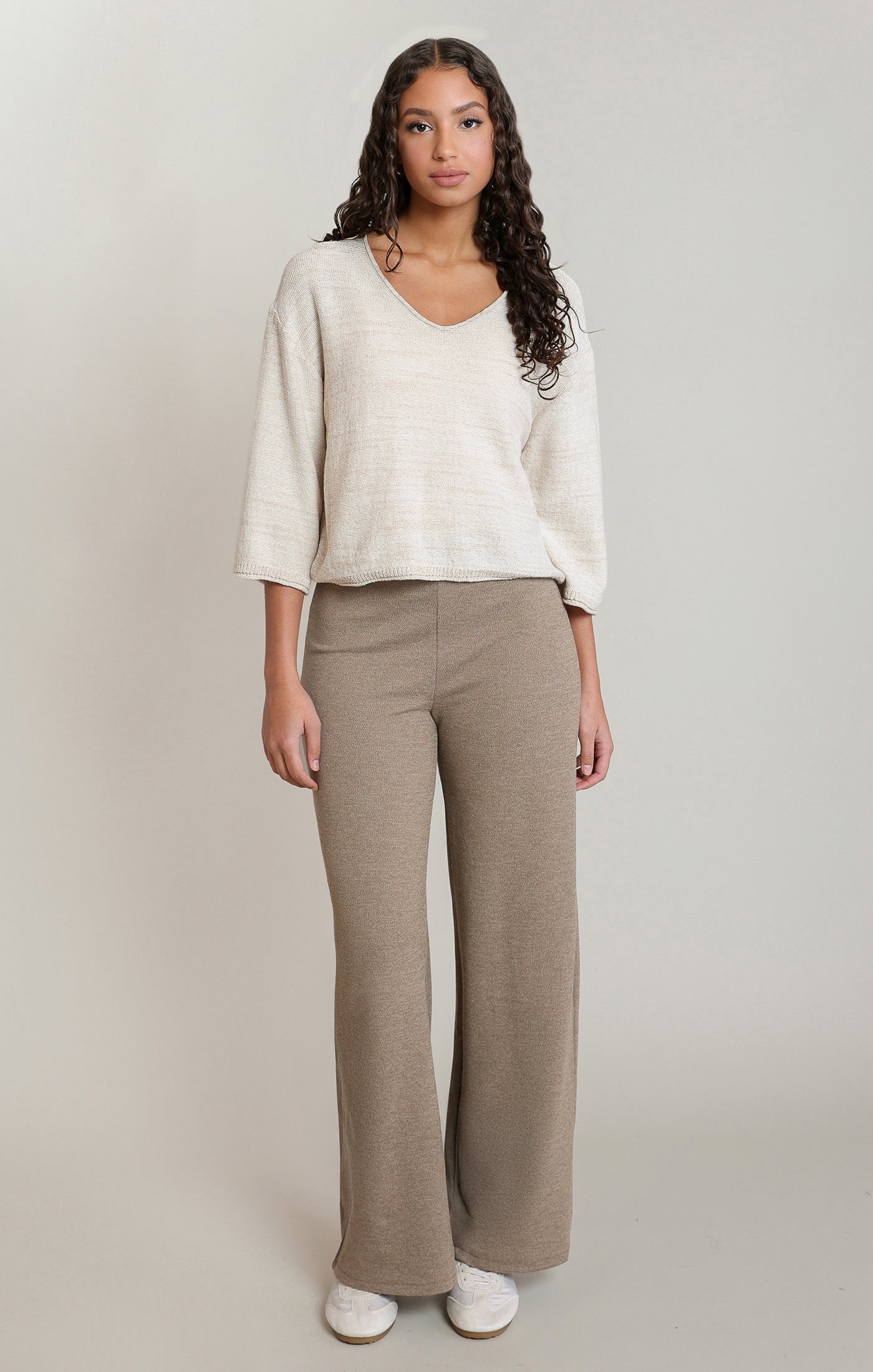 Dex V-Neck Sweater Top - Soft Oatmeal Mix
