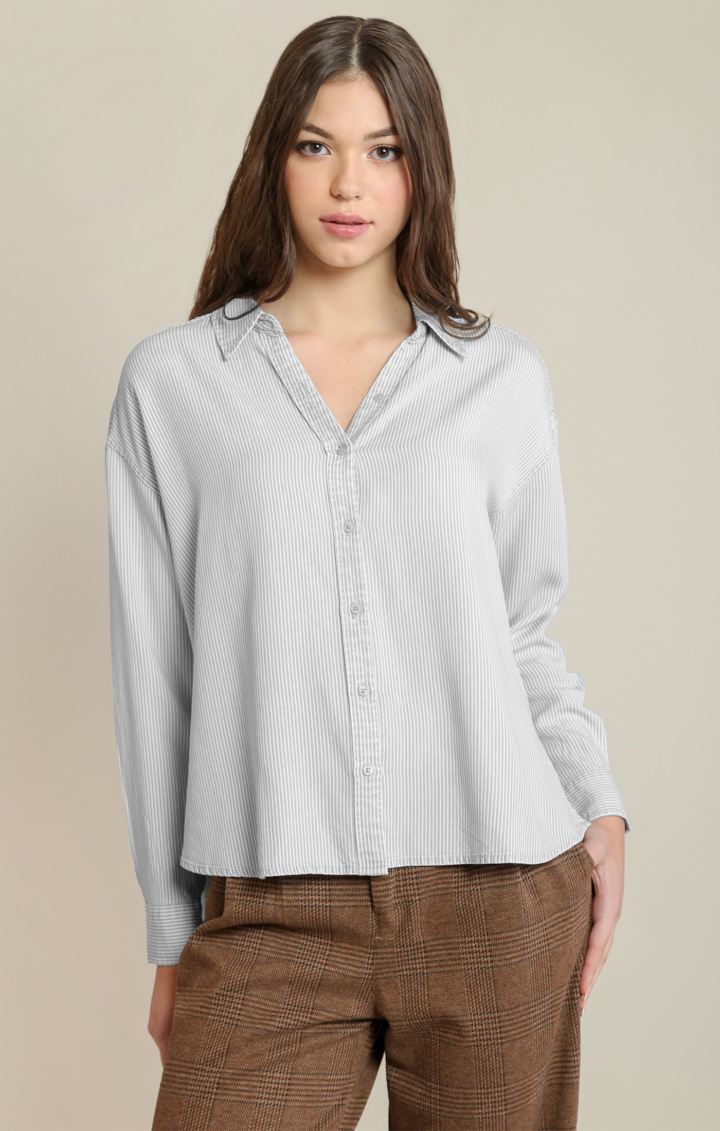 Dex Relaxed Button Front Shirt - Taupe & White Stripe