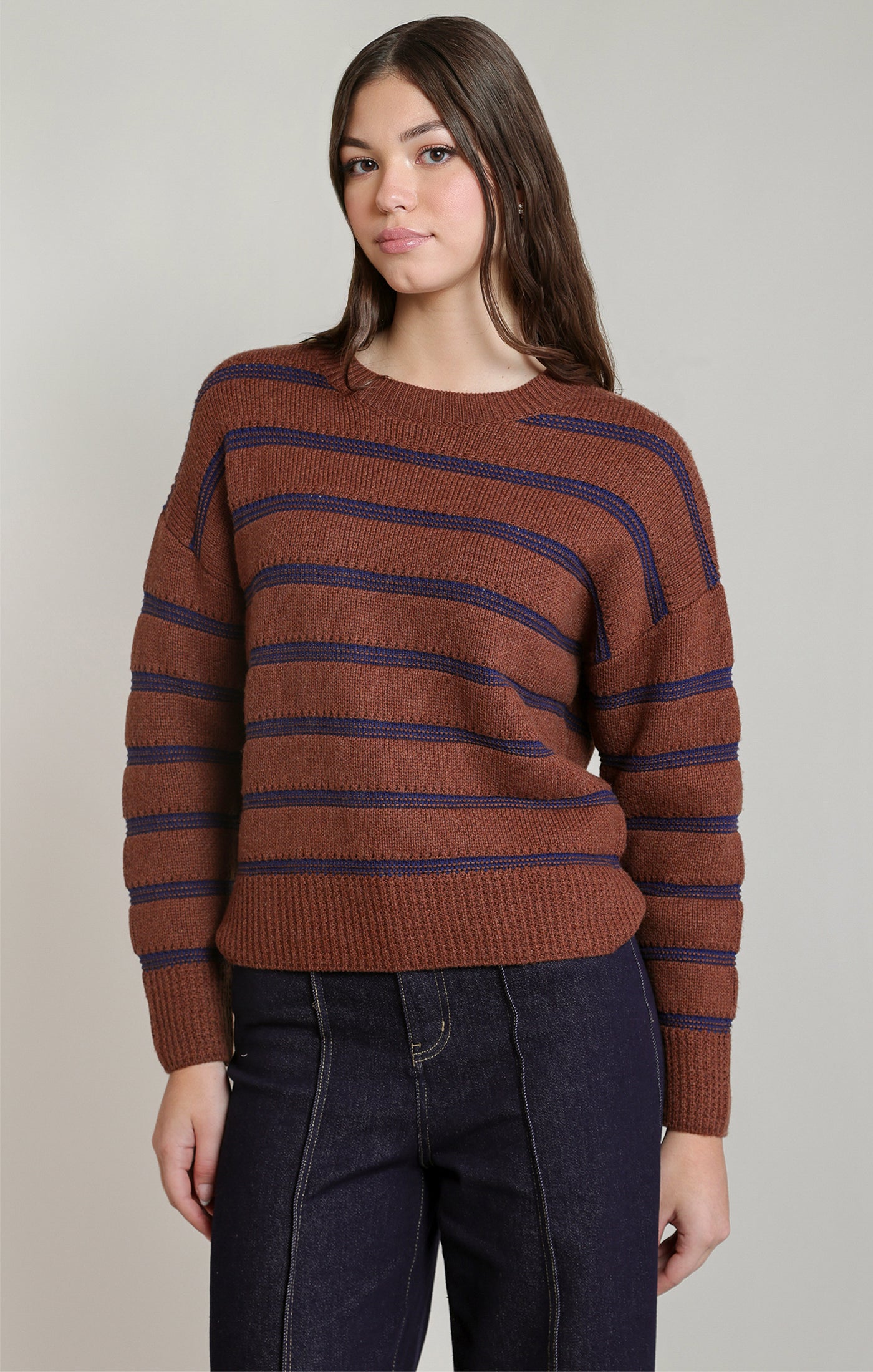 Dex Stripe Crewneck Sweater - Rustic Brown & Blue