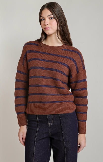 Dex Stripe Crewneck Sweater - Rustic Brown & Blue