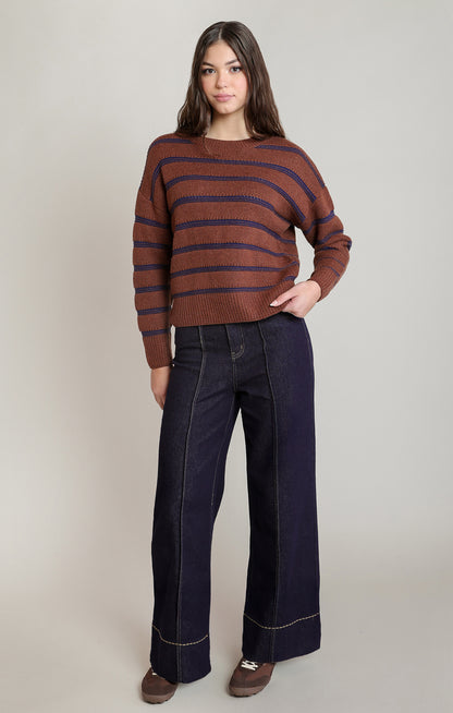 Dex Stripe Crewneck Sweater - Rustic Brown & Blue