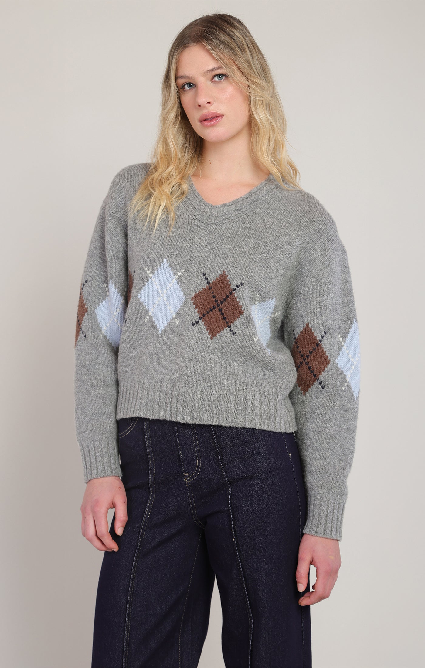 Dex Argyle Sweater Top - Medium Grey Mix