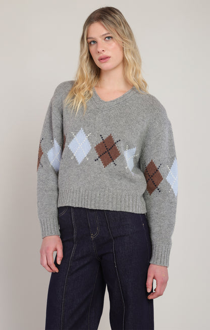 Dex Argyle Sweater Top - Medium Grey Mix