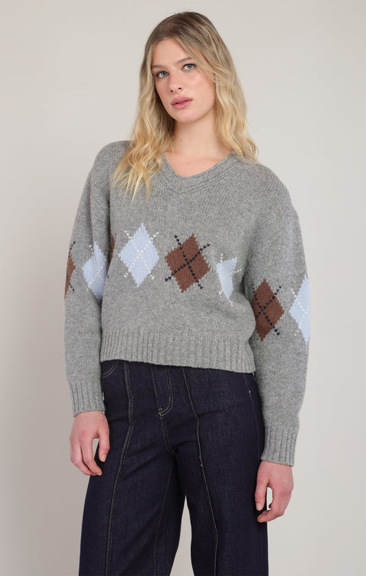 Dex Argyle Sweater Top - Medium Grey Mix