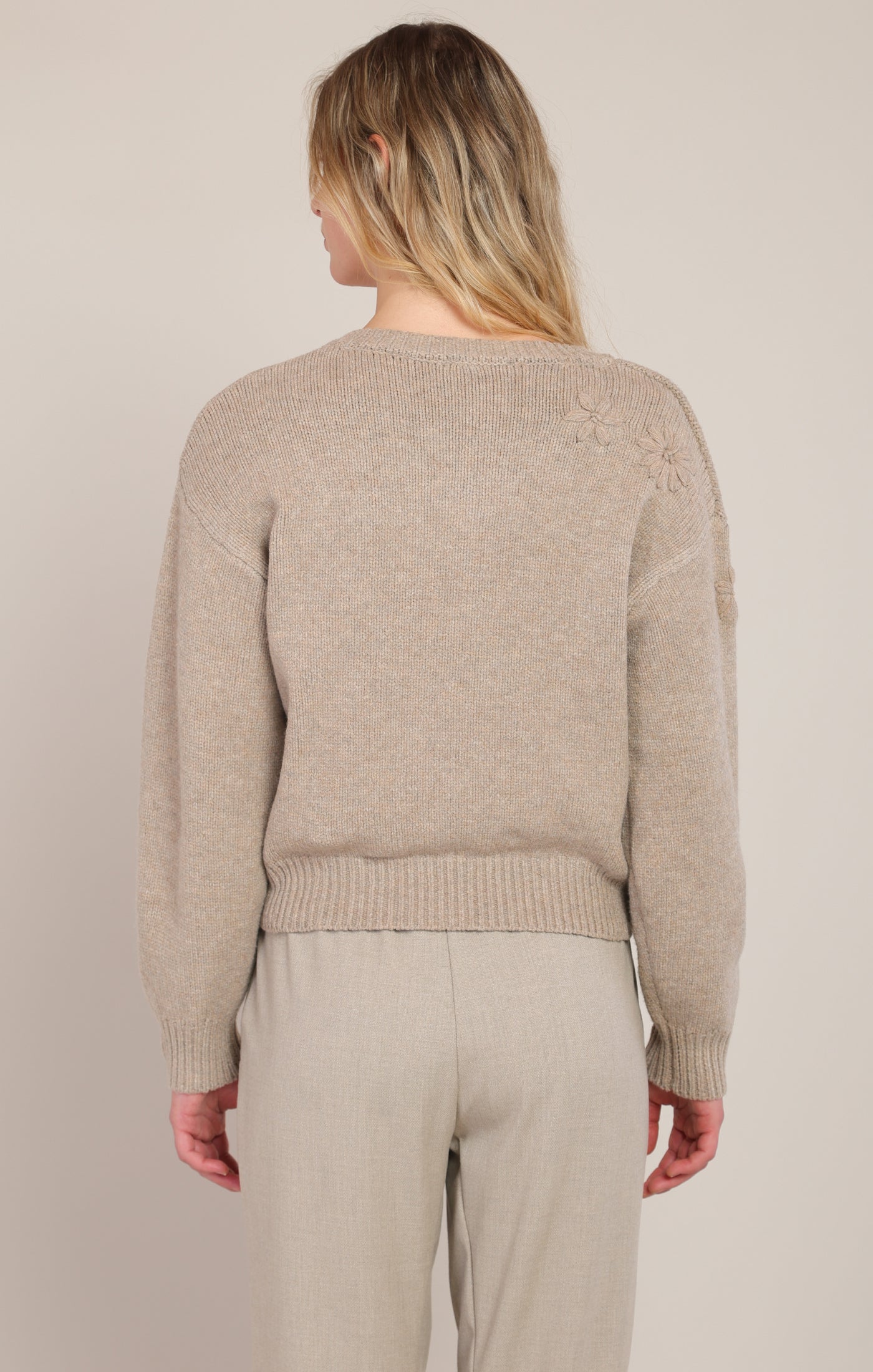Dex Flower Embroidered Sweater Top - Oatmeal