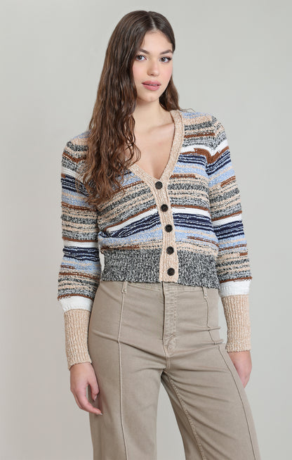 Dex Melange Striped Cardigan - Ecru & Navy Stripe