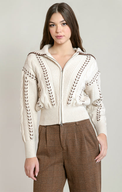 Dex Cable Zip-UP Cardigan - Oatmeal & Brown