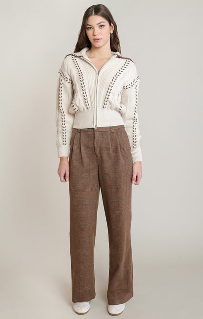 Dex Cable Zip-UP Cardigan - Oatmeal & Brown
