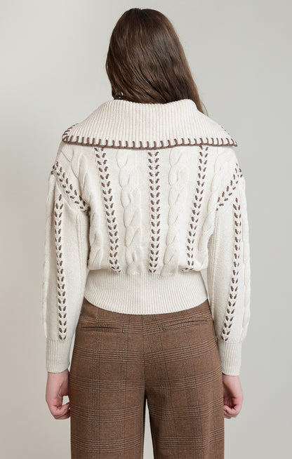 Dex Cable Zip-UP Cardigan - Oatmeal & Brown