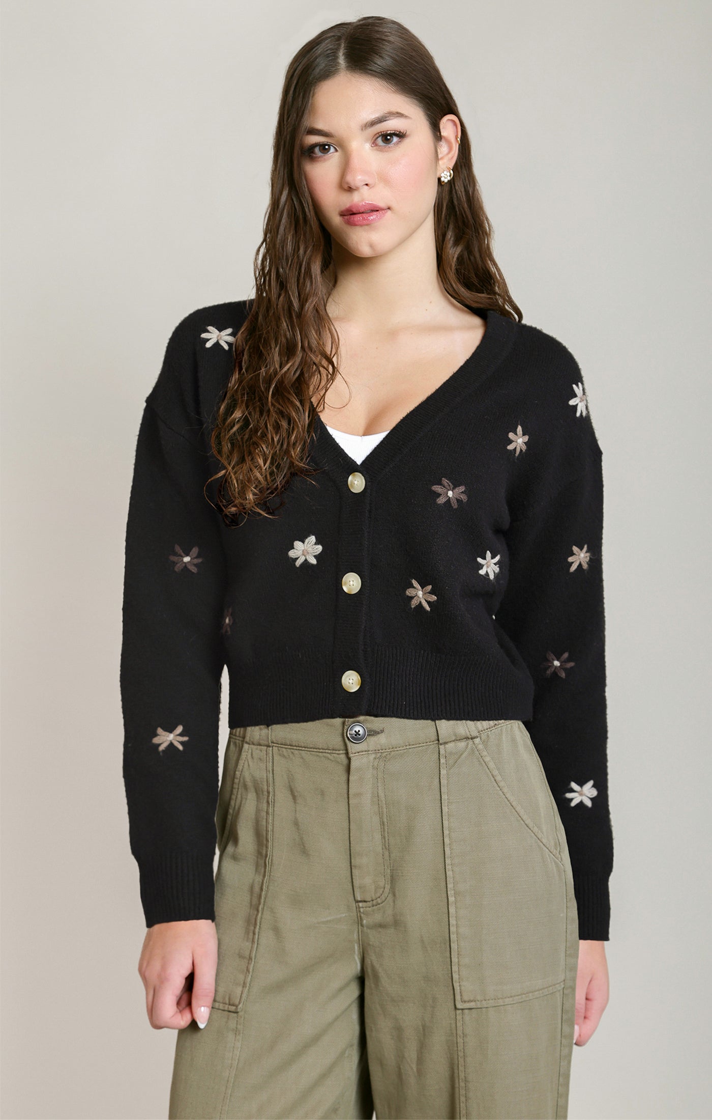 Dex Embroidered Flower Cardigan - Black