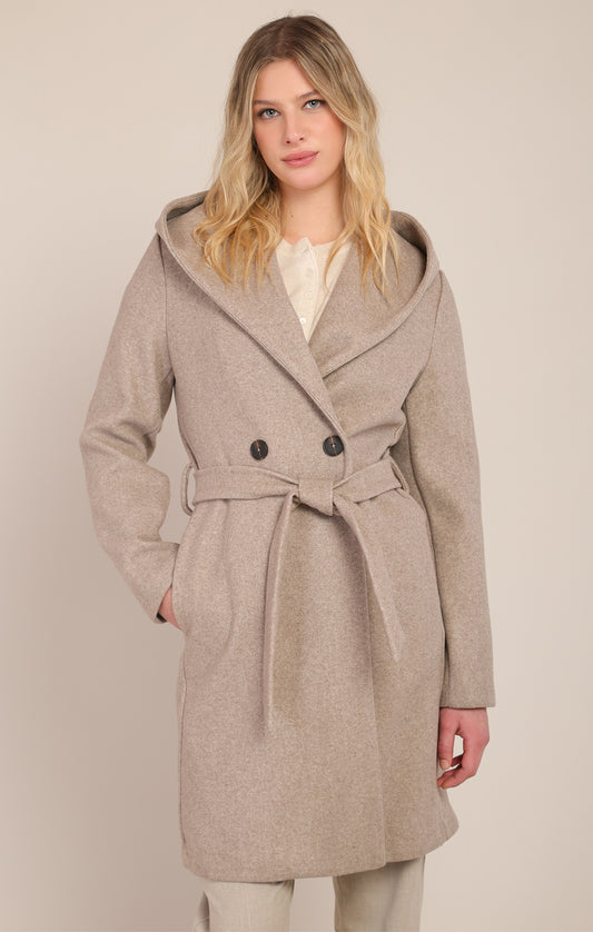 Dex Belted Hooded Coat - Stone