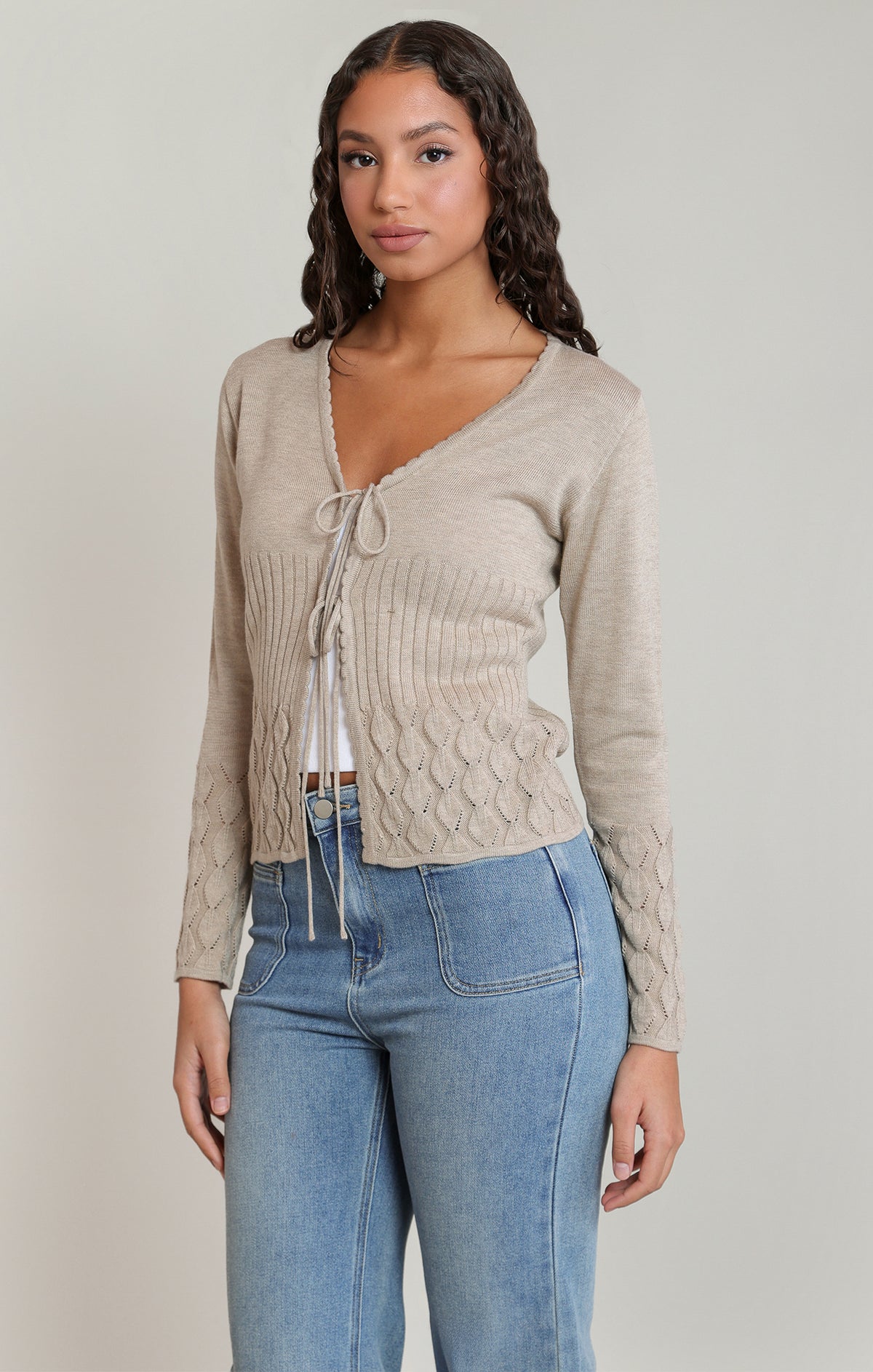 Dex Front Tie Cardigan - Oatmeal