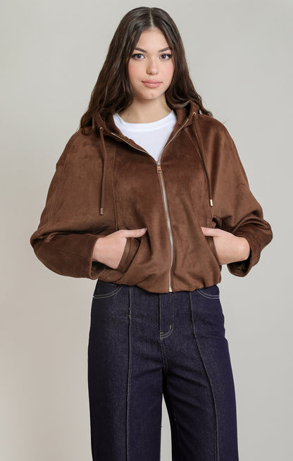 Dex Faux Suede Hooded Bomber - Brown