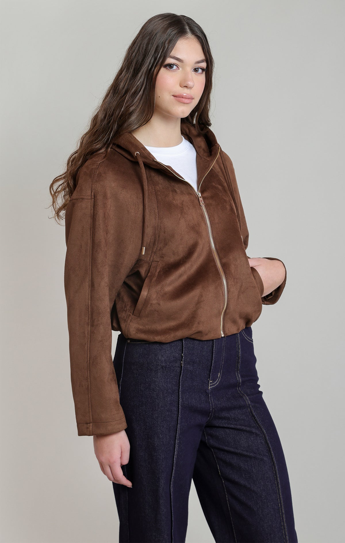 Dex Faux Suede Hooded Bomber - Brown
