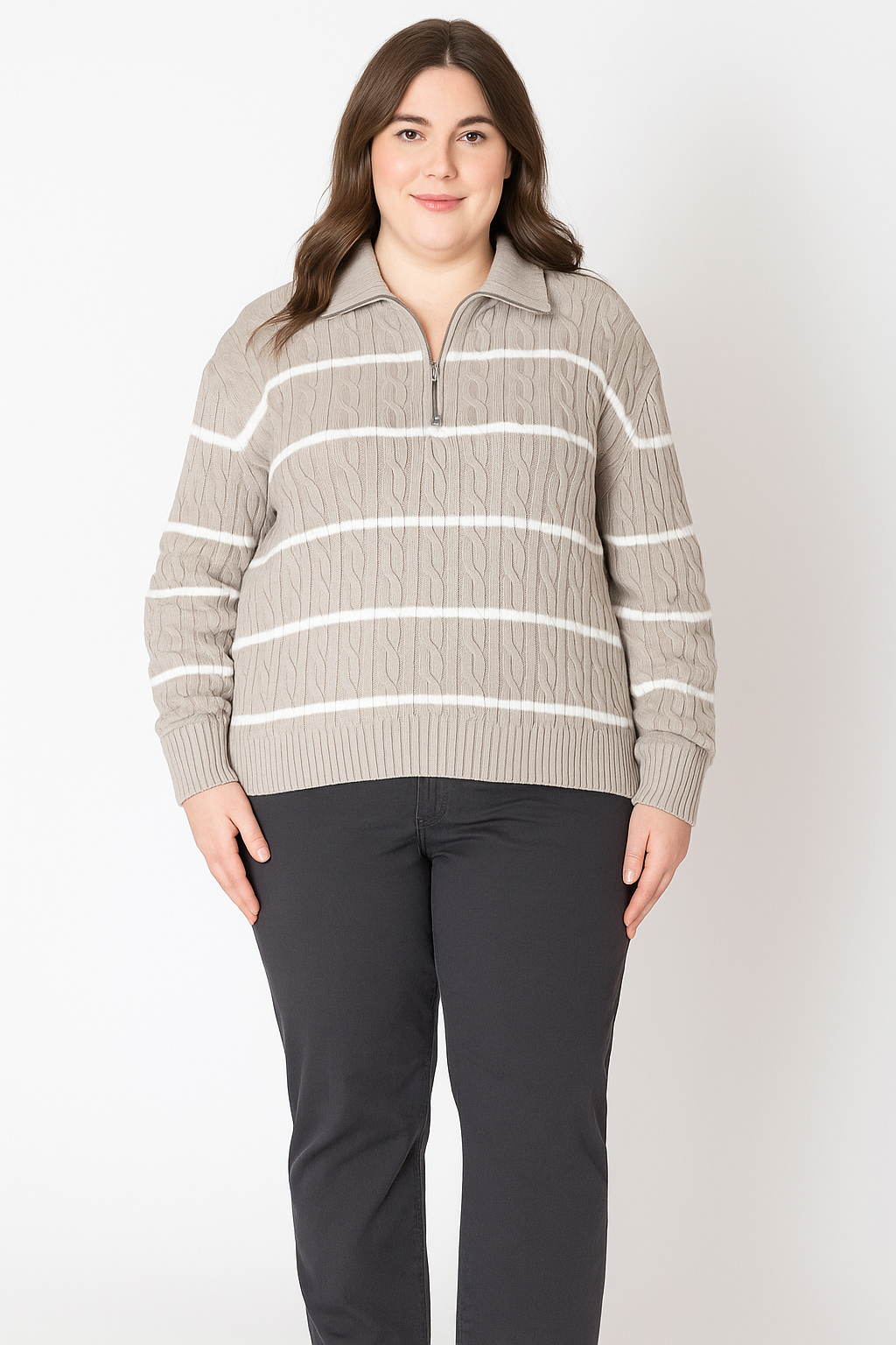 Dex Plus Half Zip Sweater - Light Taupe/White