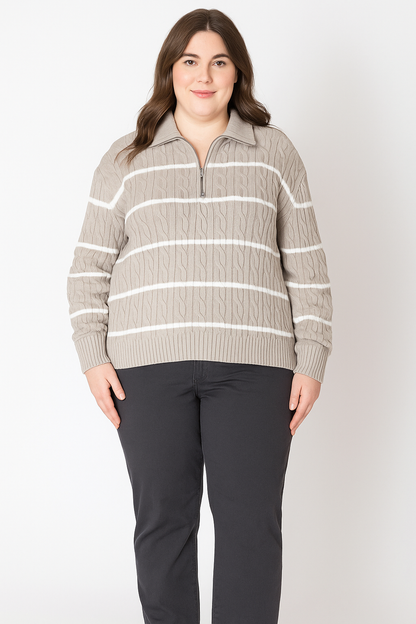 Dex Plus Half Zip Sweater - Light Taupe/White