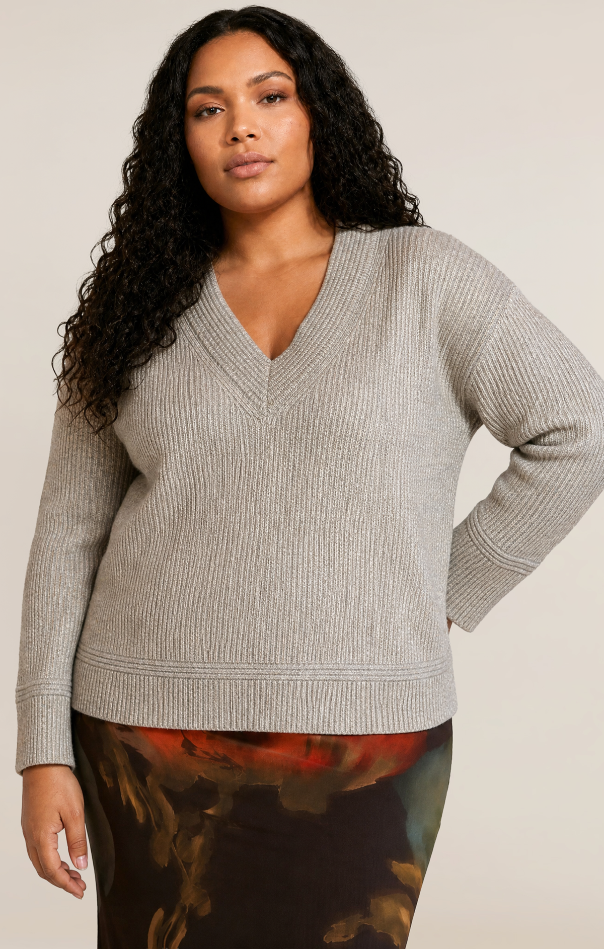 Dex Plus V-Neck Sweater Top - Oatmeal