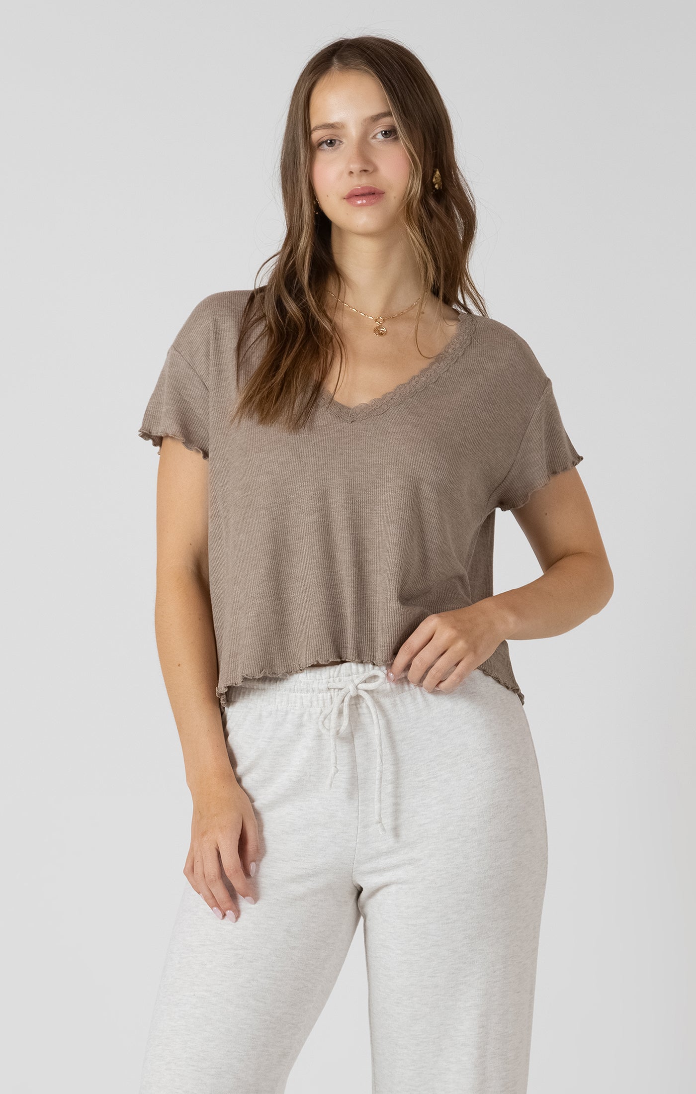 Dex Lace Trim Waffle Top - Mocha Heather