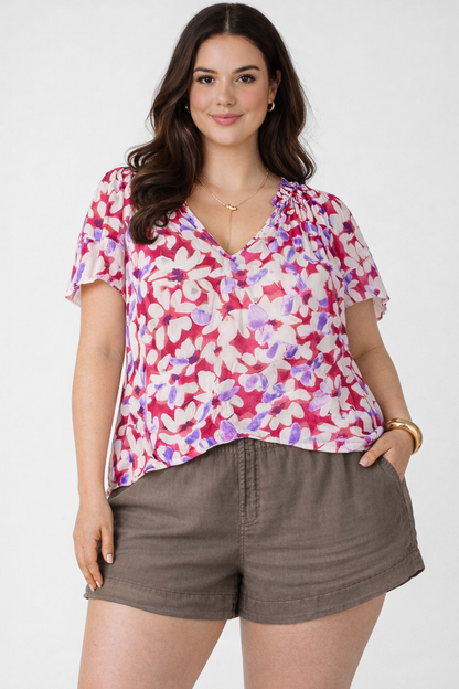Dex Plus Flutter Sleeve Blouse - Berry Bouquet