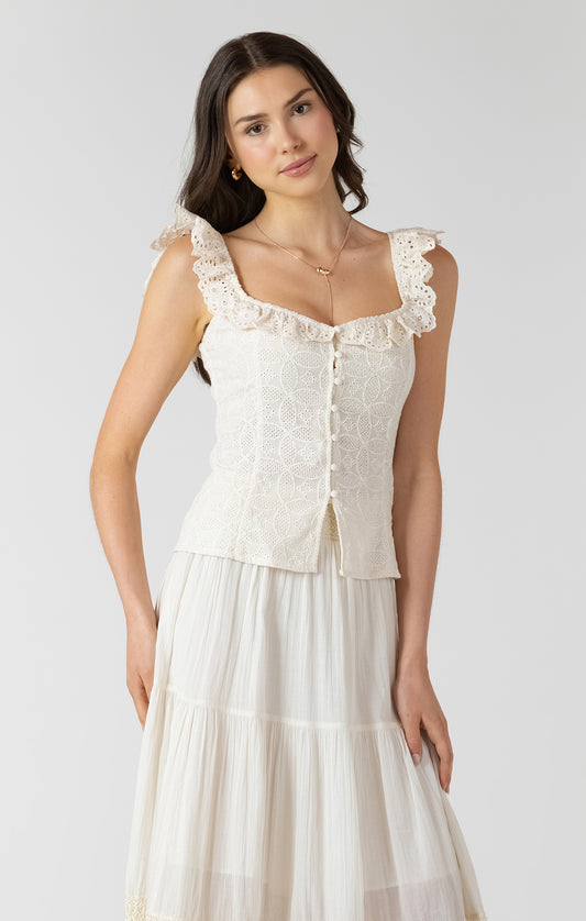 Dex Button Front Eyelet Tank -Ecru