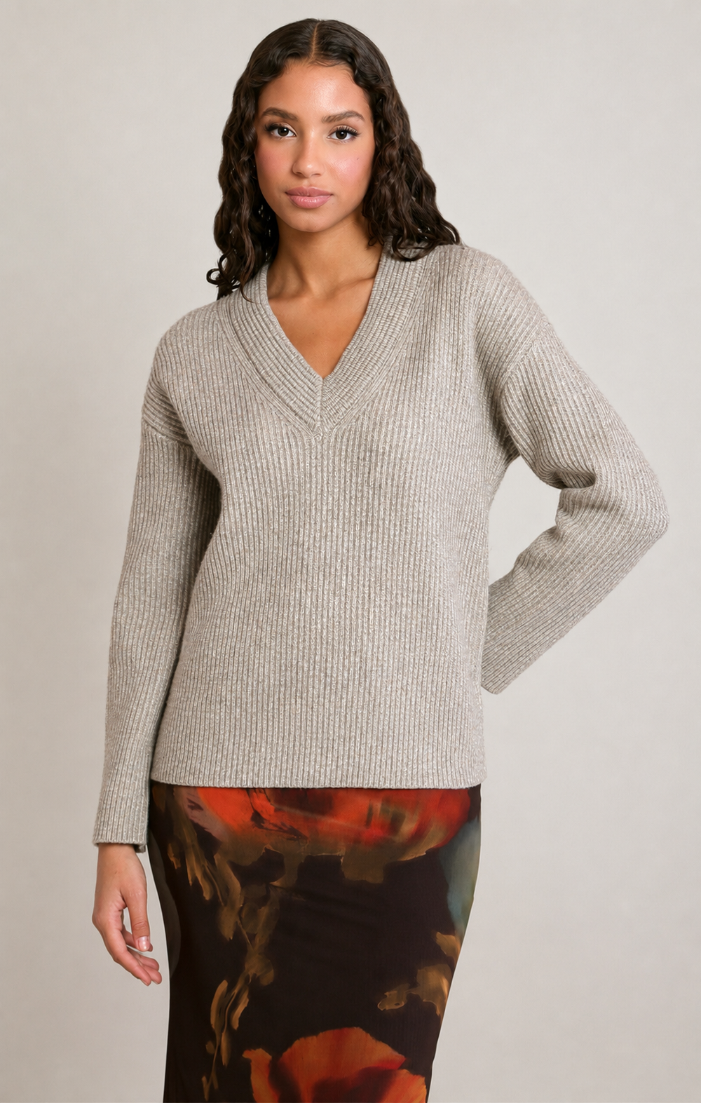 Dex V-Neck Sweater Top - Oatmeal Grey Heather