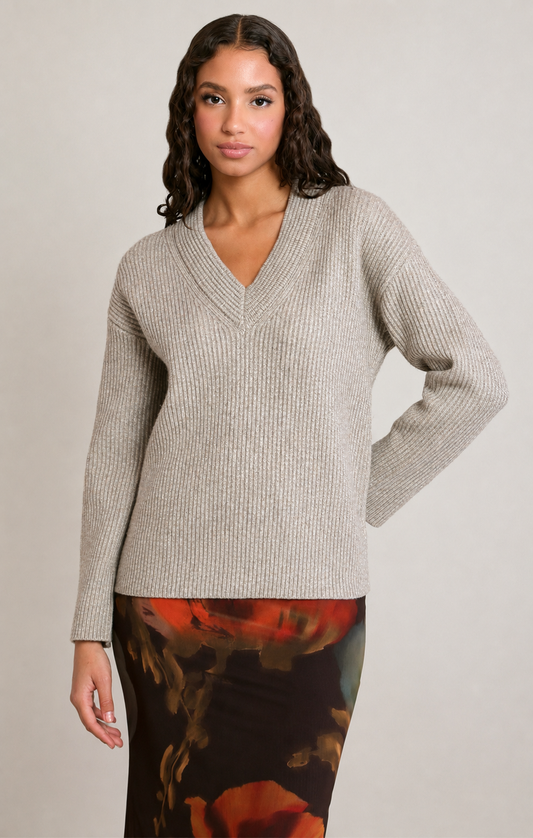 Dex V-Neck Sweater Top - Oatmeal Grey Heather