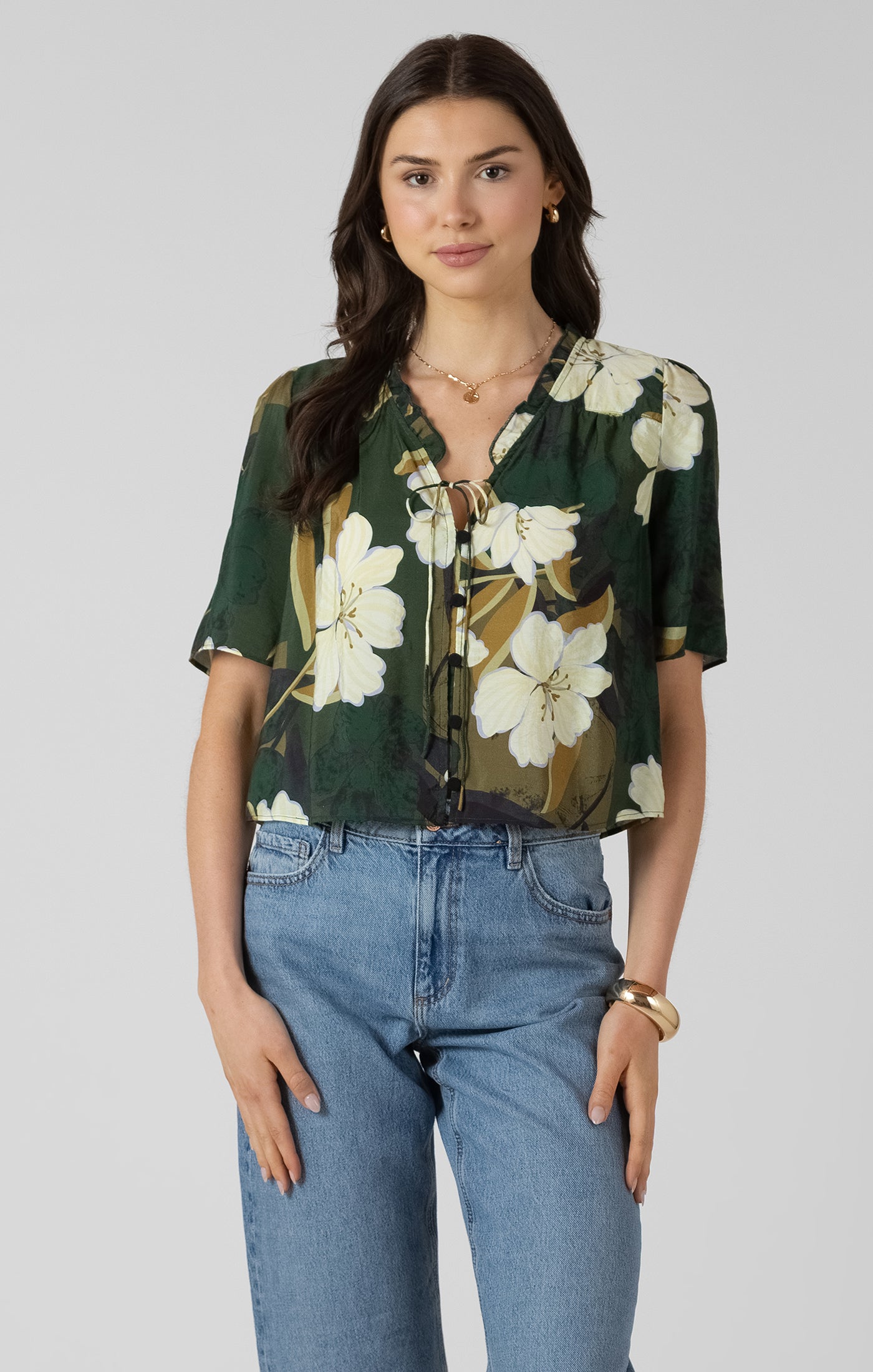 Dex Button Front Ruffle Trim Blouse - Palm Blossom