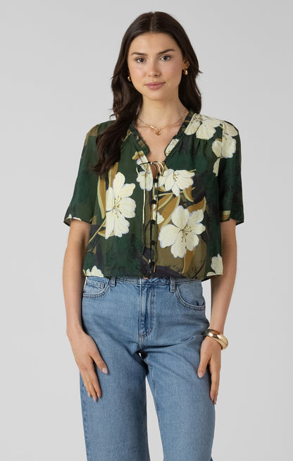 Dex Button Front Ruffle Trim Blouse - Palm Blossom