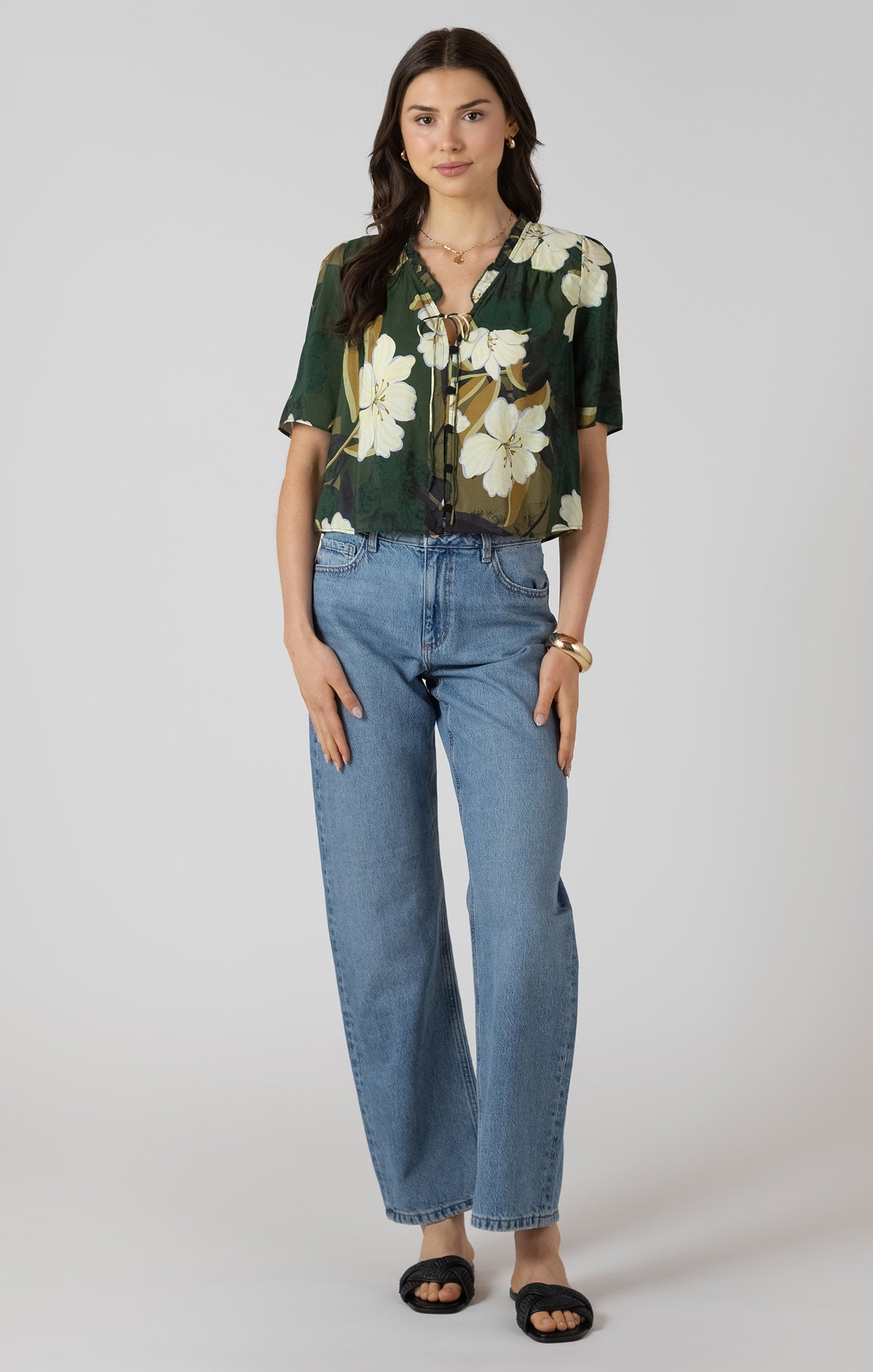 Dex Button Front Ruffle Trim Blouse - Palm Blossom