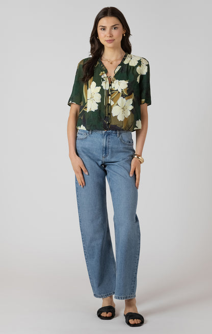 Dex Button Front Ruffle Trim Blouse - Palm Blossom