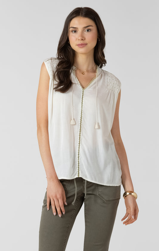 Dex Beaded Contrast Trim Blouse - Ecru & Pistachio