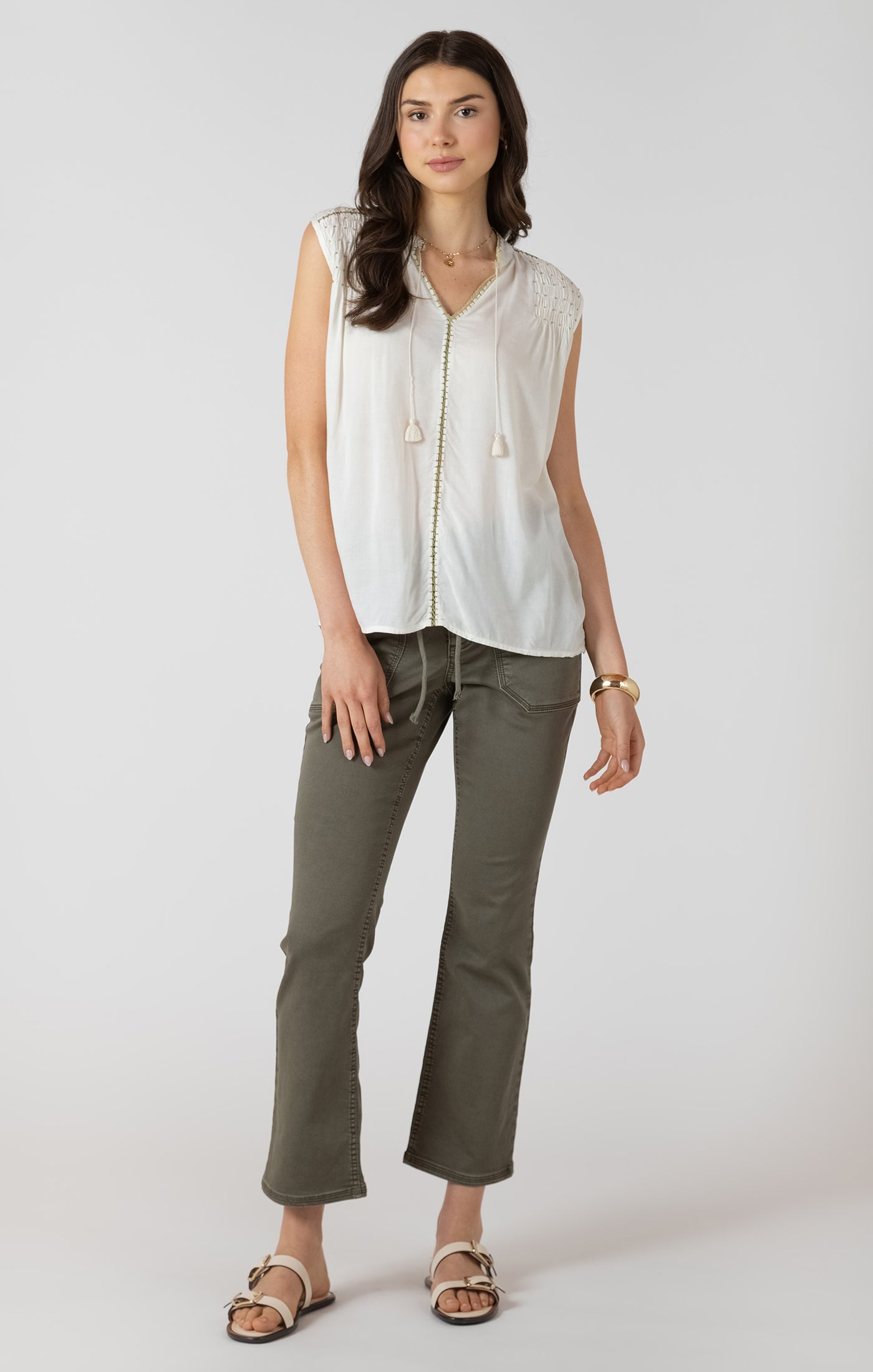 Dex Beaded Contrast Trim Blouse - Ecru & Pistachio