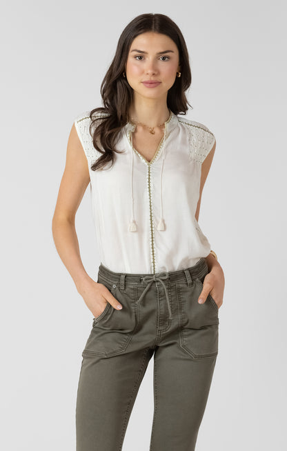 Dex Beaded Contrast Trim Blouse - Ecru & Pistachio