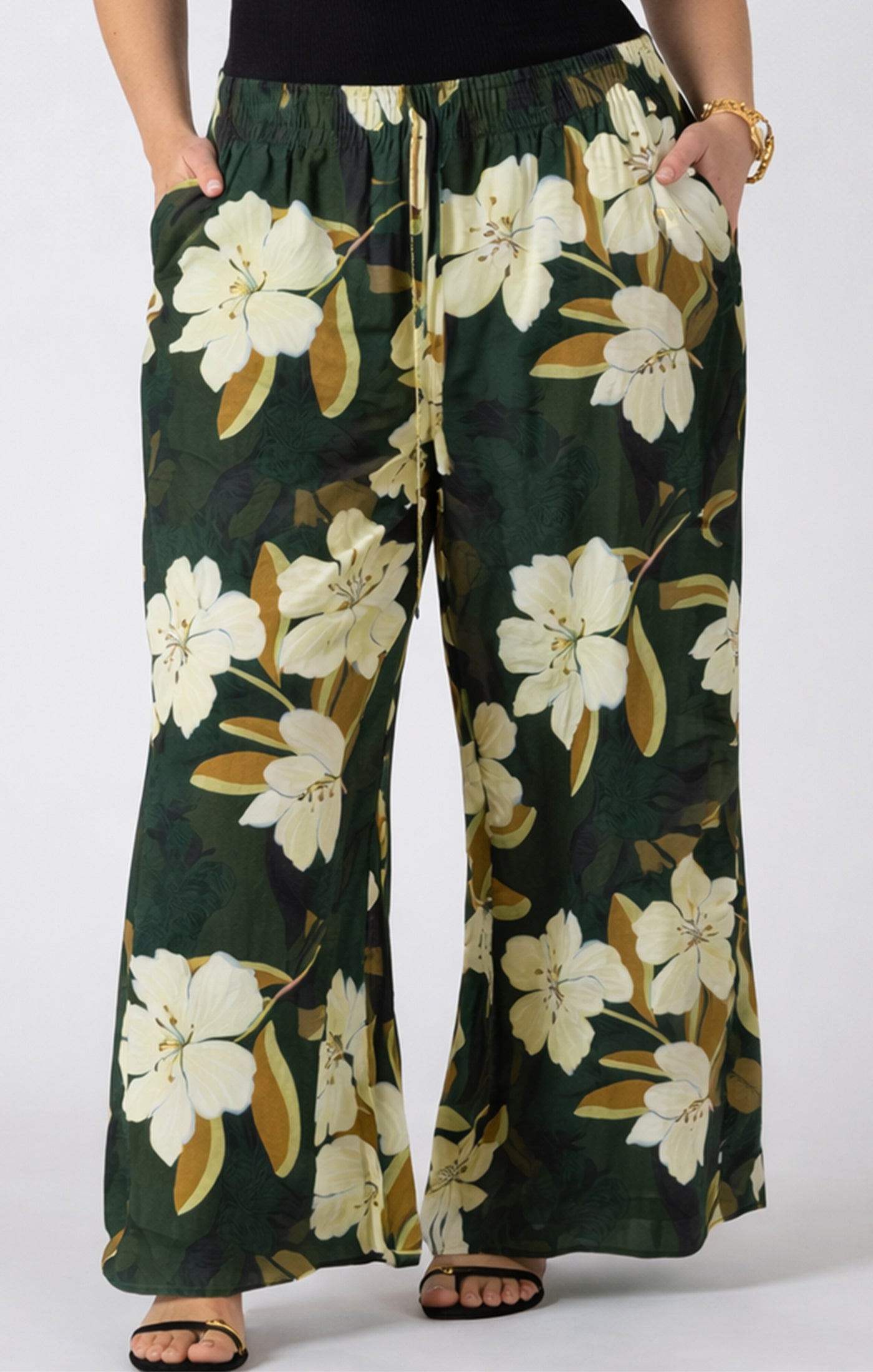 Dex Plus Wide Leg Flowy Pants - Palm Blossom