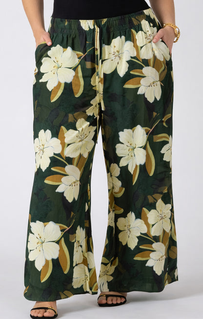 Dex Plus Wide Leg Flowy Pants - Palm Blossom