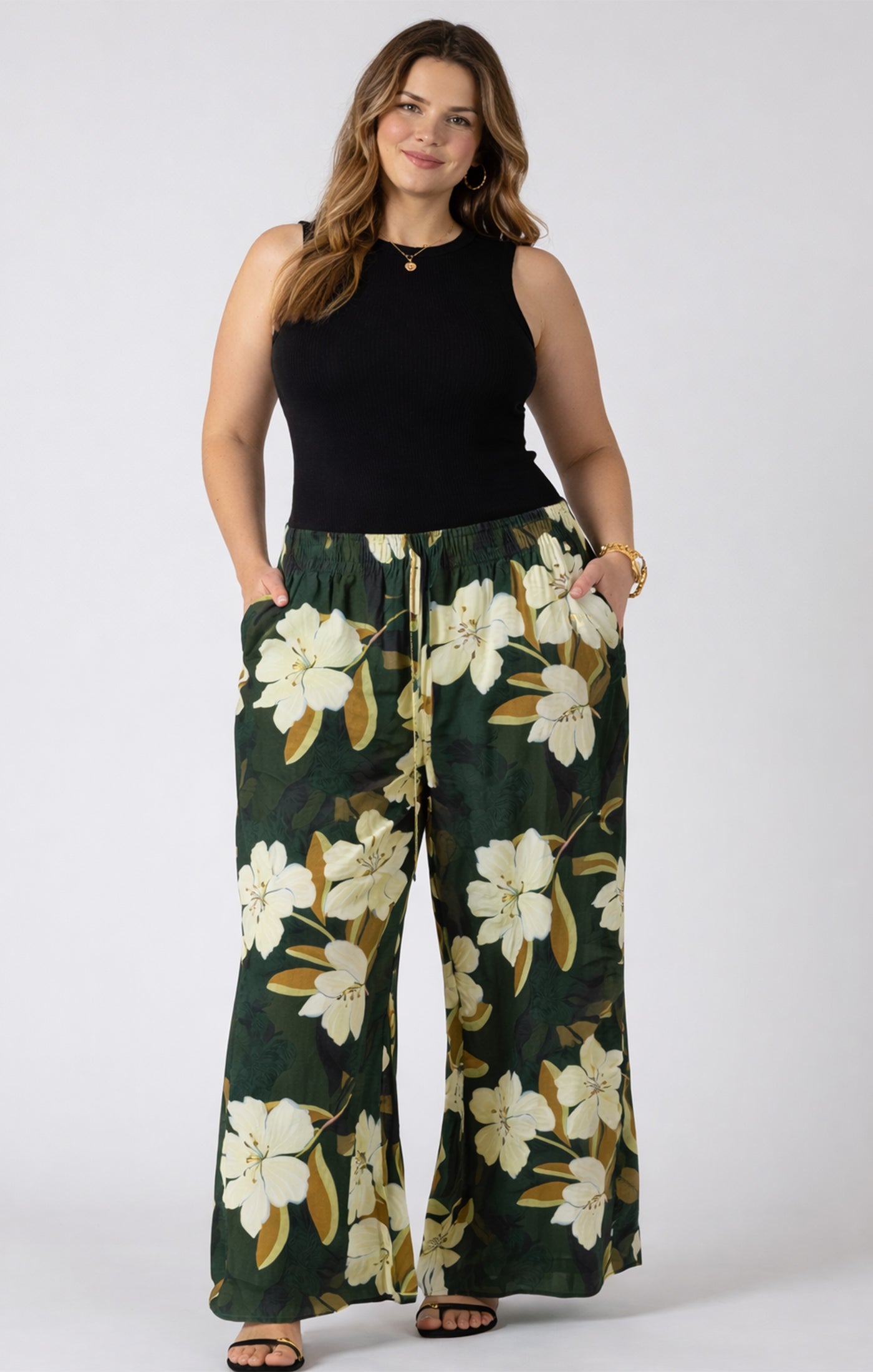 Dex Plus Wide Leg Flowy Pants - Palm Blossom
