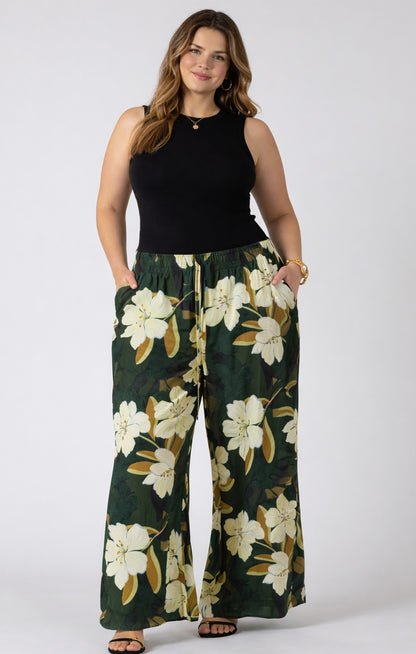 Dex Plus Wide Leg Flowy Pants - Palm Blossom