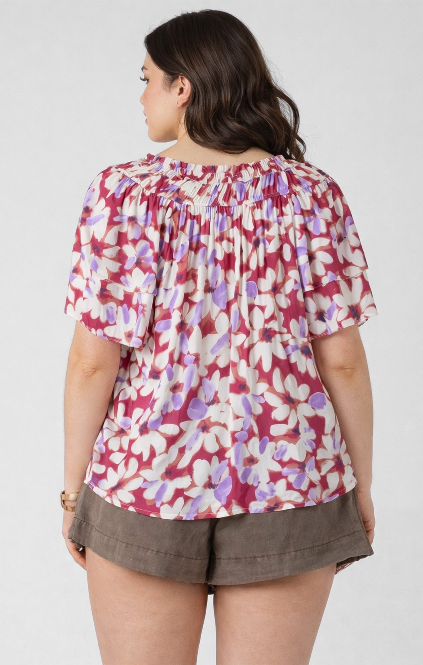 Dex Plus Flutter Sleeve Blouse - Berry Bouquet
