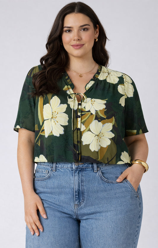 Dex Plus Button Front Ruffle Trim Blouse - Palm Blossom